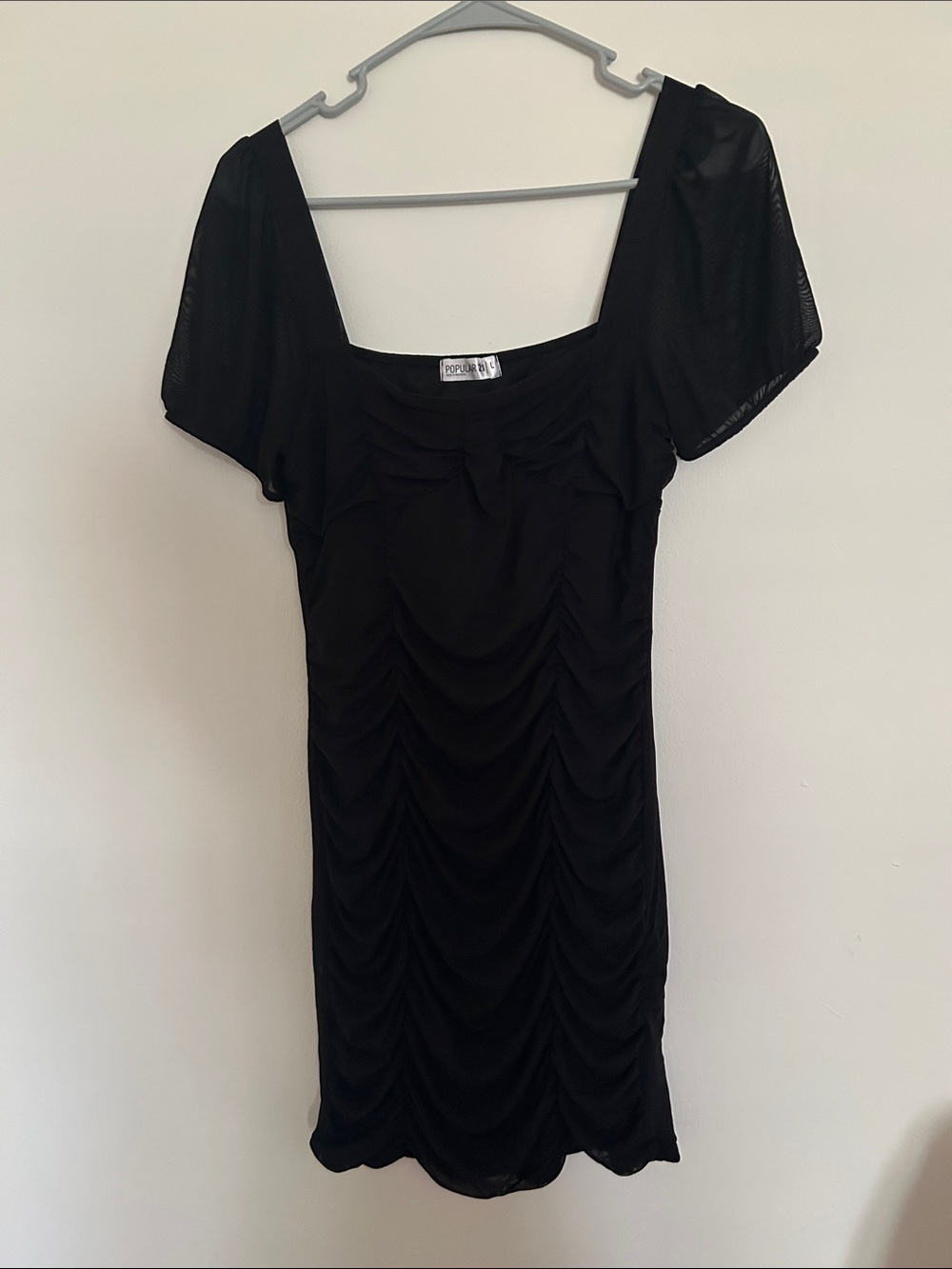 Black Ruched Mini Dress with Puff Sleeves